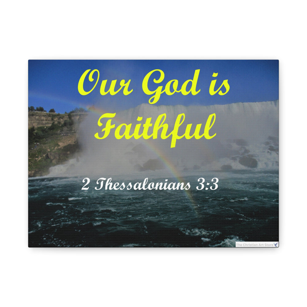 Christian art wall decor featuring “Our God is Faithful” with waterfall and rainbow imagery.