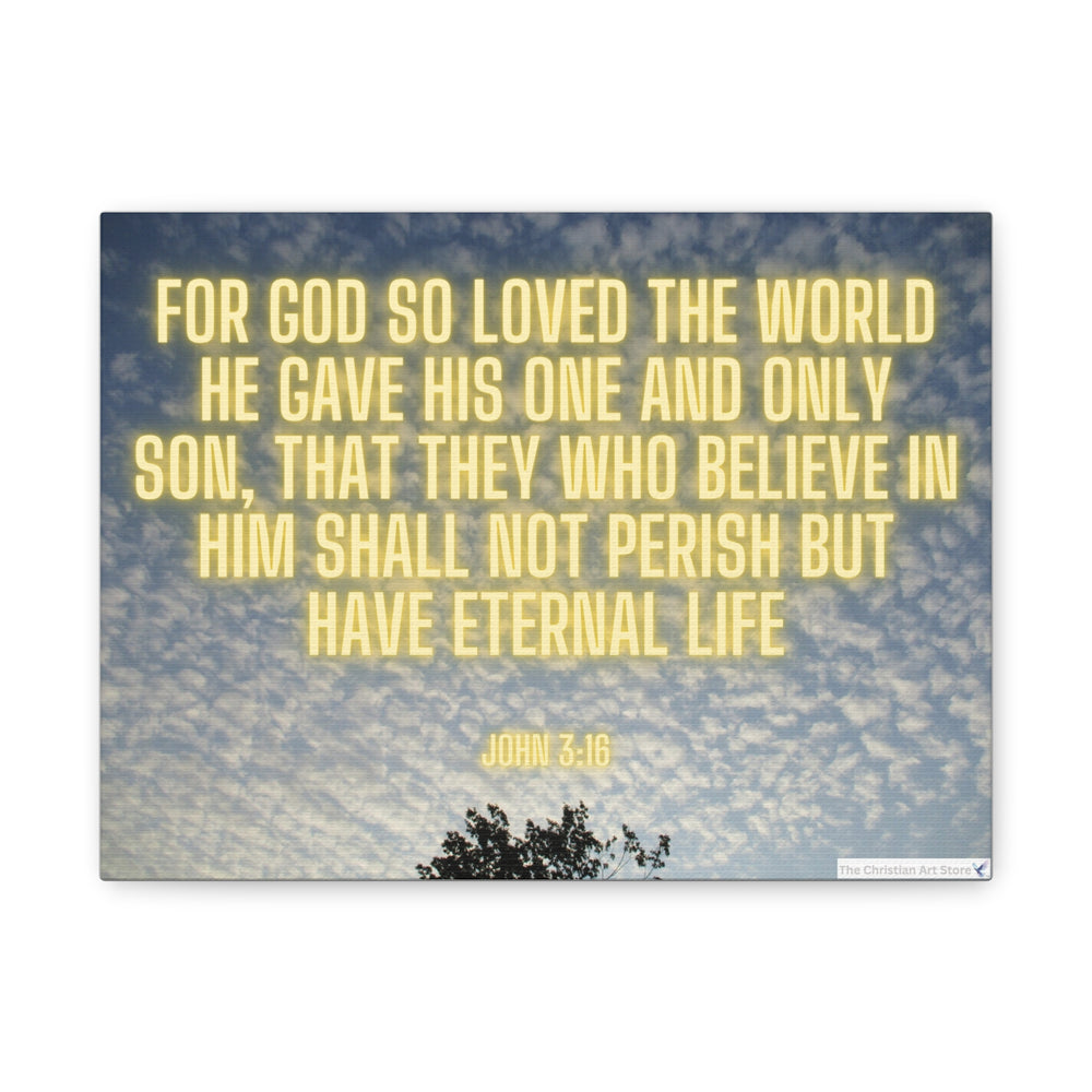 Biblical quote about God's love and eternal life beneath clouds.